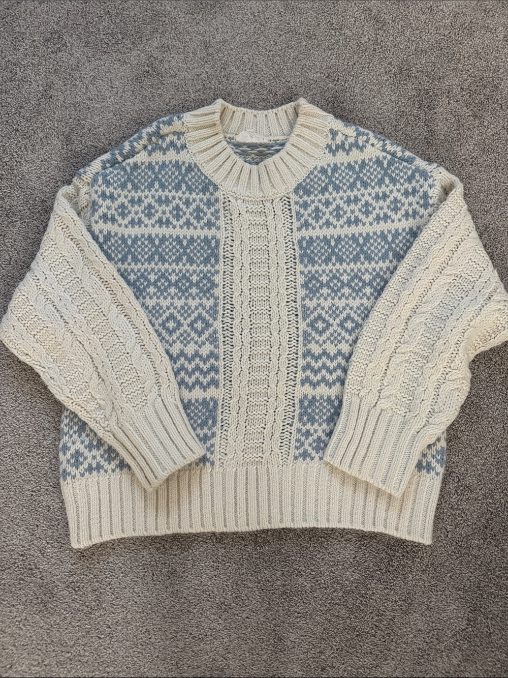 Lou & Grey Cream and Light Blue Fair Isle Cable Crewneck Sweater